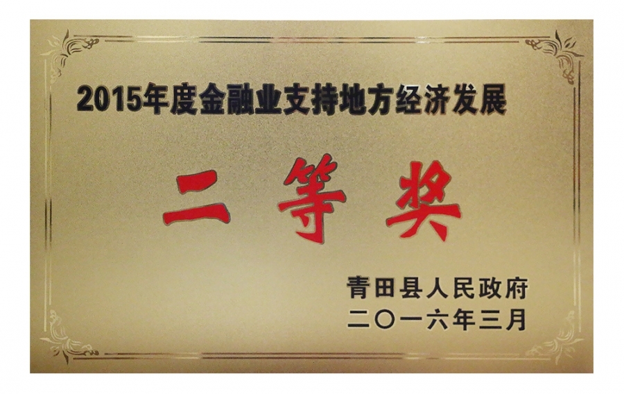 2015年度金融業(yè)支持地方經(jīng)濟發(fā)展二等獎